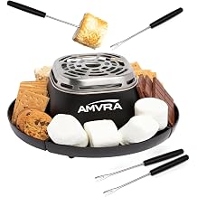 AMVRA Indoor Electric S'Mores Maker Smores Kit with 4 Stainless Steel Marshmallow Roasting Sticks and 4 Trays for Graham Crackers, Chocolate, and Marshmallows - Movie Night Supplies - Black