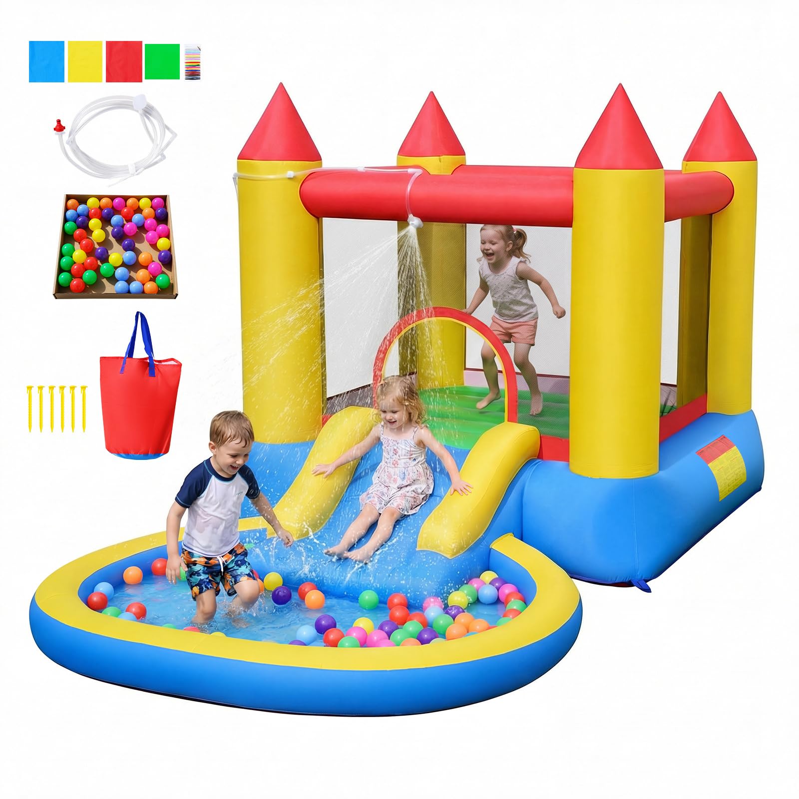 Maxmass Inflatable Bouncy Castle, 3-in-1 Kids Bounce House with Slide, Ball Pit Pool and Carrying Bag, Indoor Outdoor Blow up Playhouse for Lawn Yard Park (Classic Theme without Air Blower)