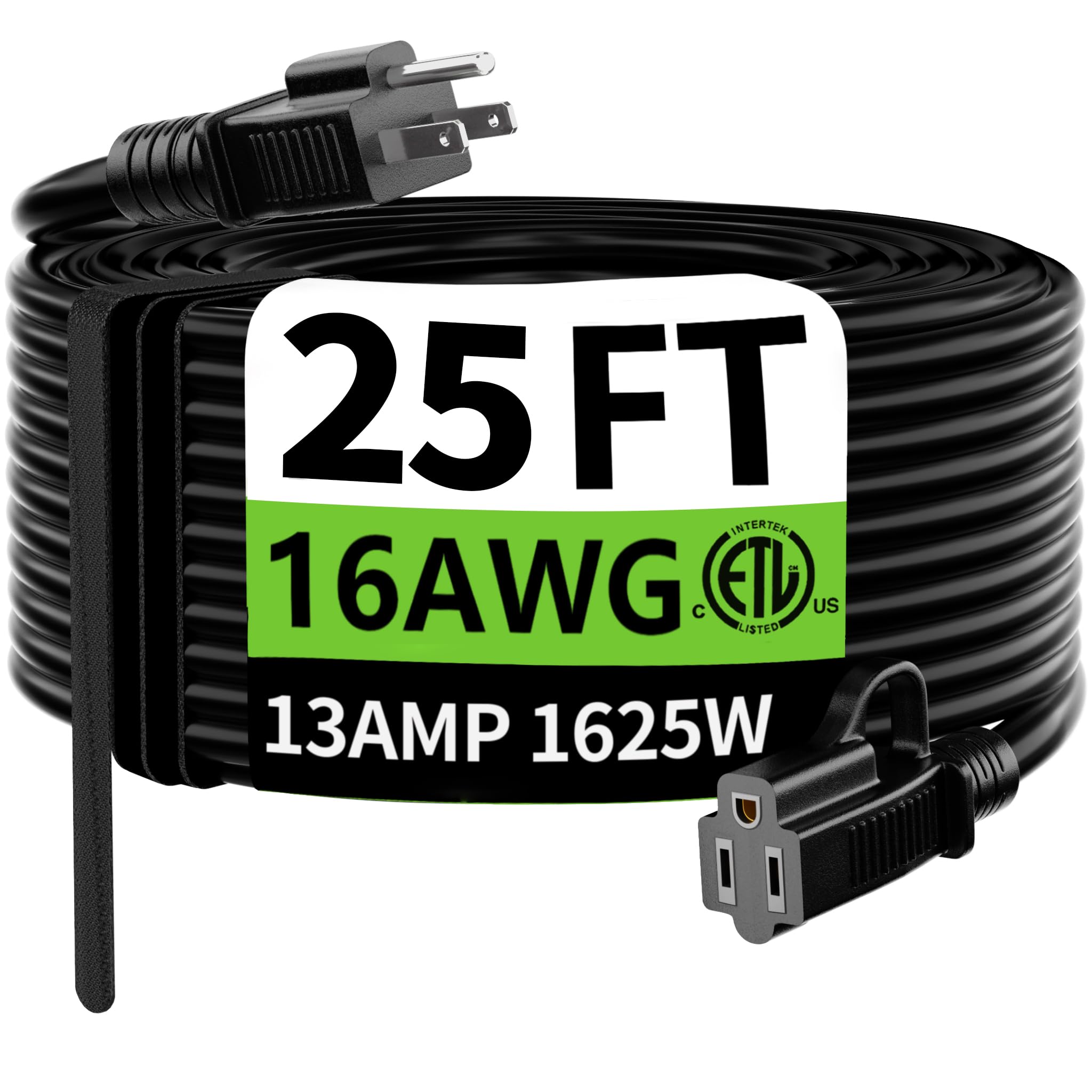 HUANCHAIN Indoor Outdoor Black Extension Cord 25 ft Waterproof, 16