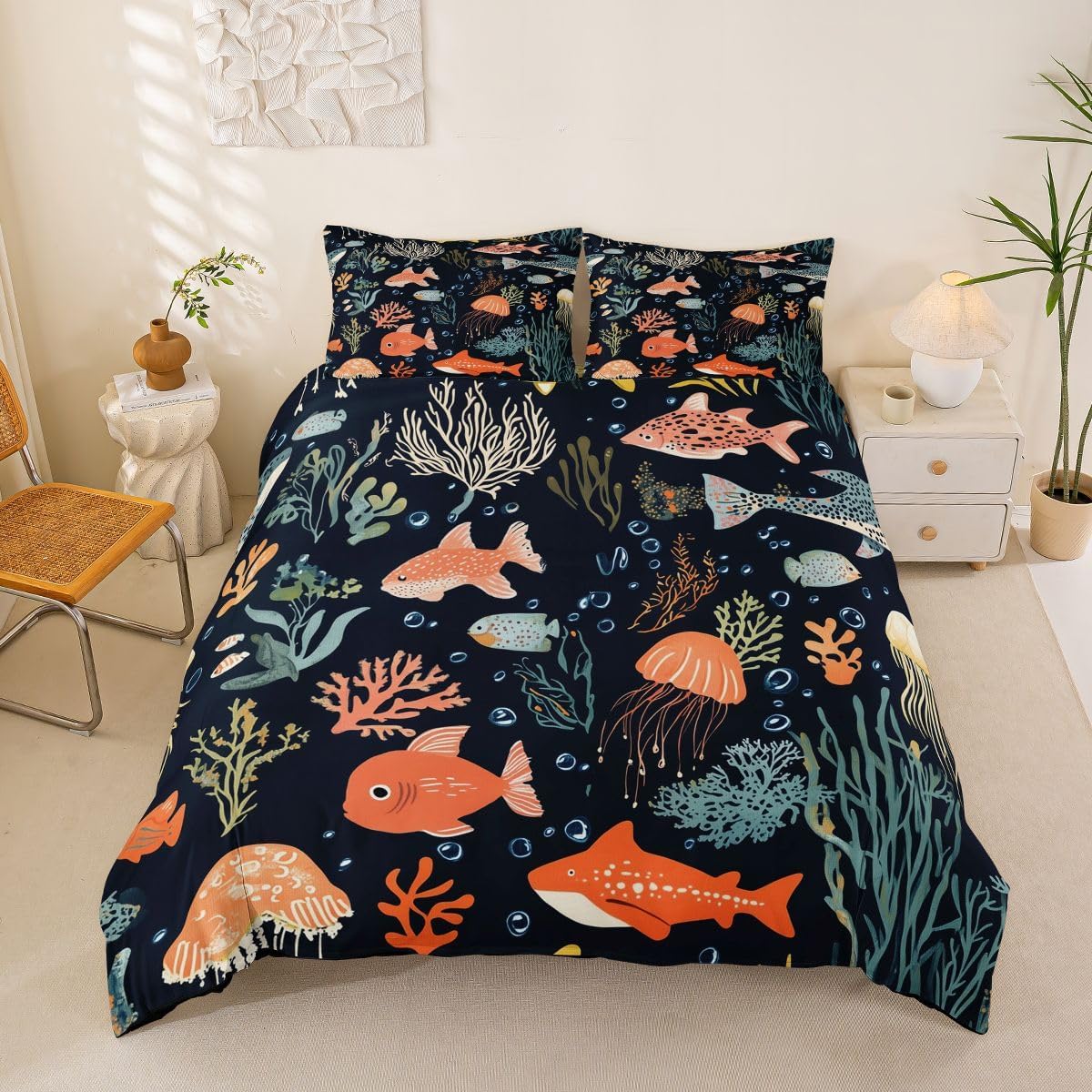 Erosebridal Boys Shark Comforter Cover Queen Size 3D Ocean Shark Duvet Cover,Hunting Sharks Animal Bedding Set Summer Tropical Sea Wildlife Quilt Cover,Hawaiian Sealife Bed Set for Girls