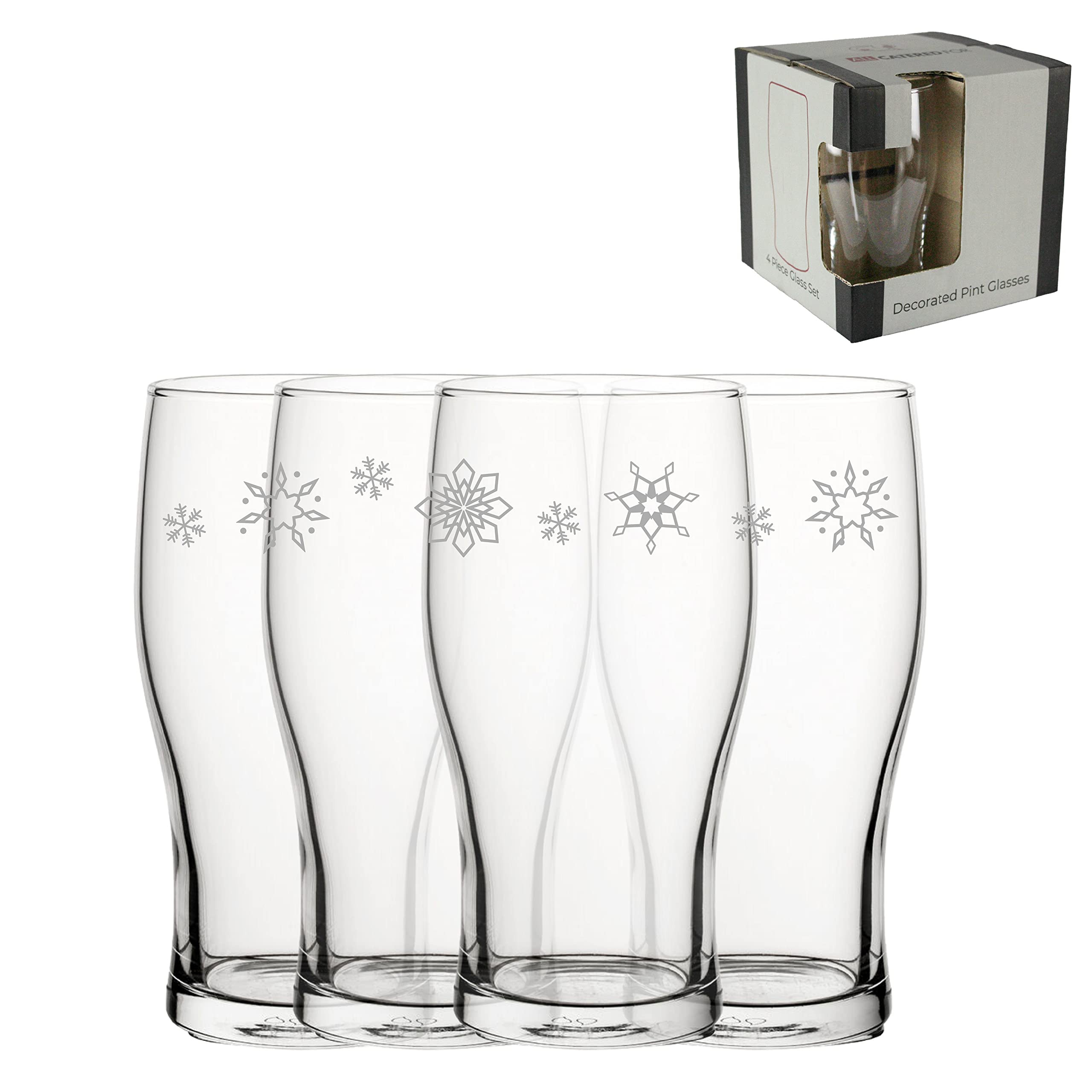 Lot de 4 verres à pinte gravés en forme de flocon de neige - 590 ml - Motif tulipe - Gravés au laser au Royaume-Uni - Cadeau de Noël pour elle ou lui - Cadeau de pendaison de crémaillère