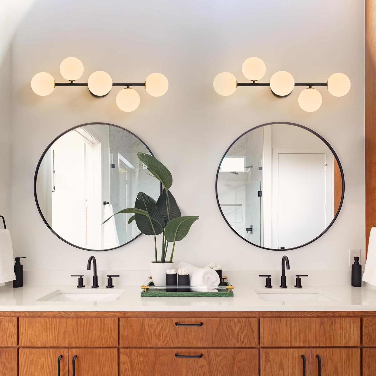 Bathroom Vanity Mirror Light Fixtures: 5 Lights Bath Wall Sconce Lighting - Brass Black Vanity Lights with Milk Glass Shade - Modern Minimalist Makeup Light Fixture Above Mirror for Hallway G9 Base