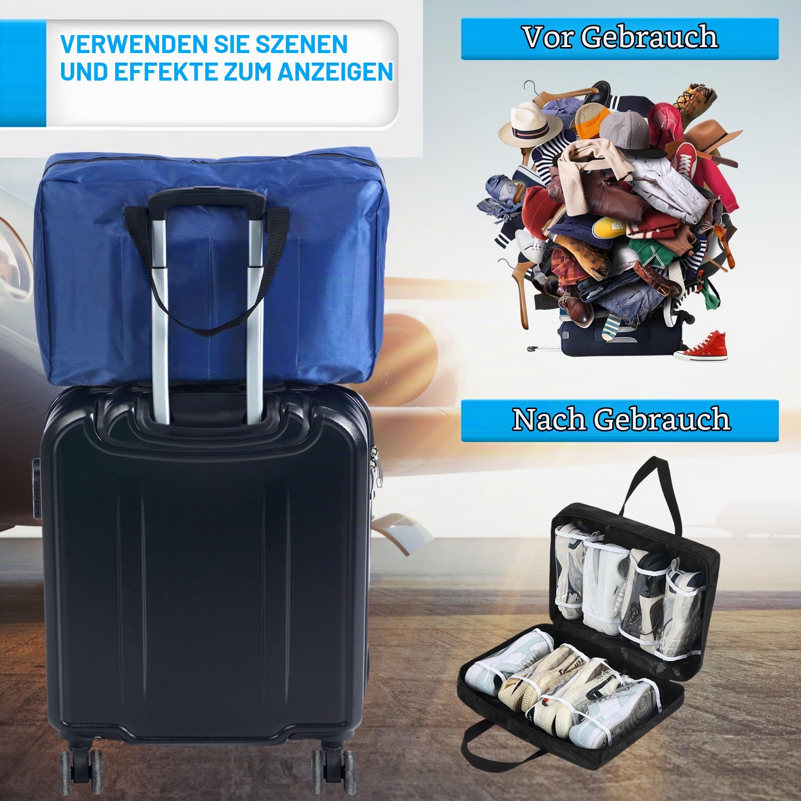 Schuhbeutel für Reisen mit Griff, Reißverschluss, groß, tragbar, Schuh-Organizer, Gepäckaufbewahrungstaschen für Damen und Herren, 2 Stück, Schwarz, Blau
