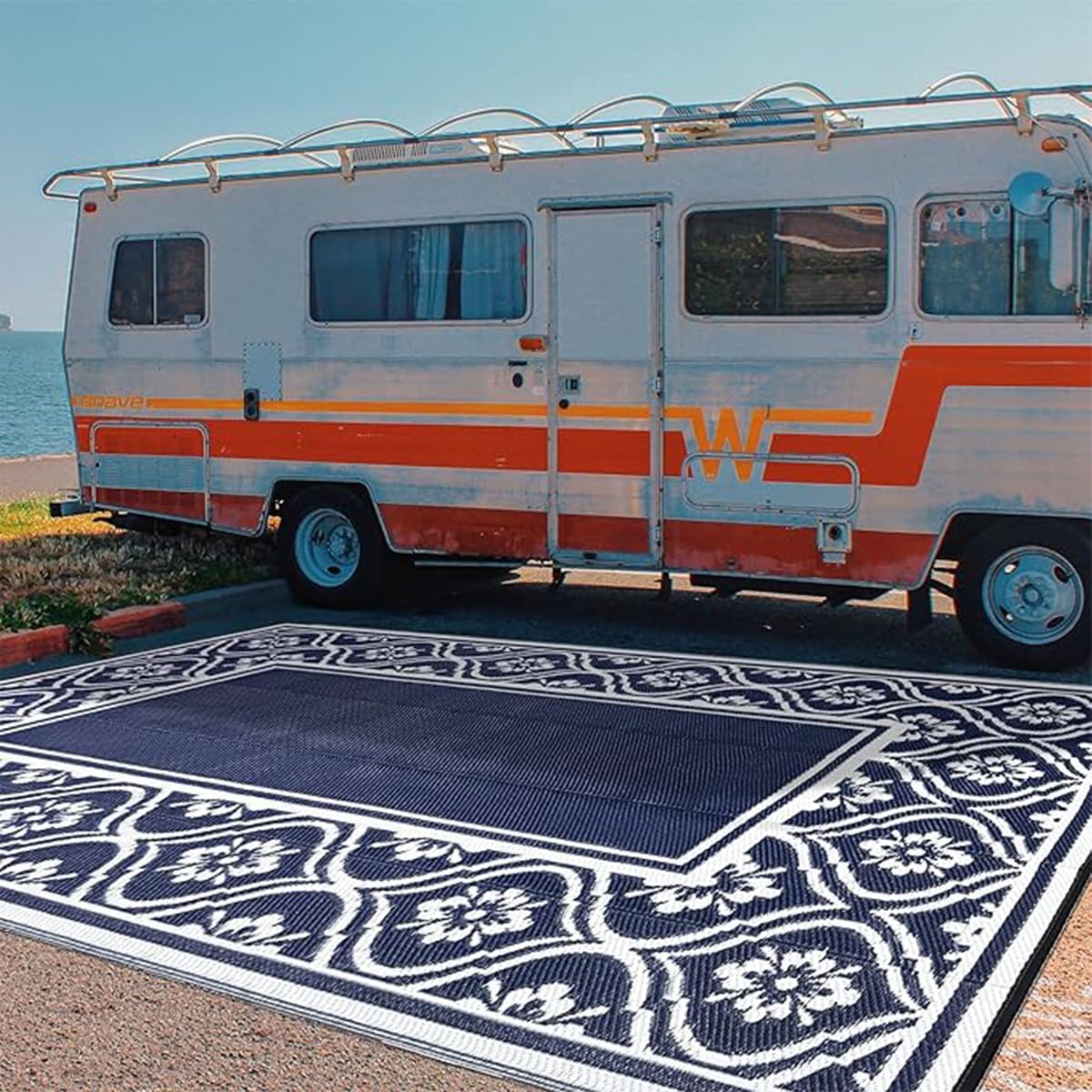 Hiseng Tapis d'extérieur Imperméable Terrasse Balcon, Motif Floral Géométrique Tapis de Sol Réversible en Plastique Résistant aux Intempéries aux UV pour Jardin, Camping (Bleu Marine,183x274cm)
