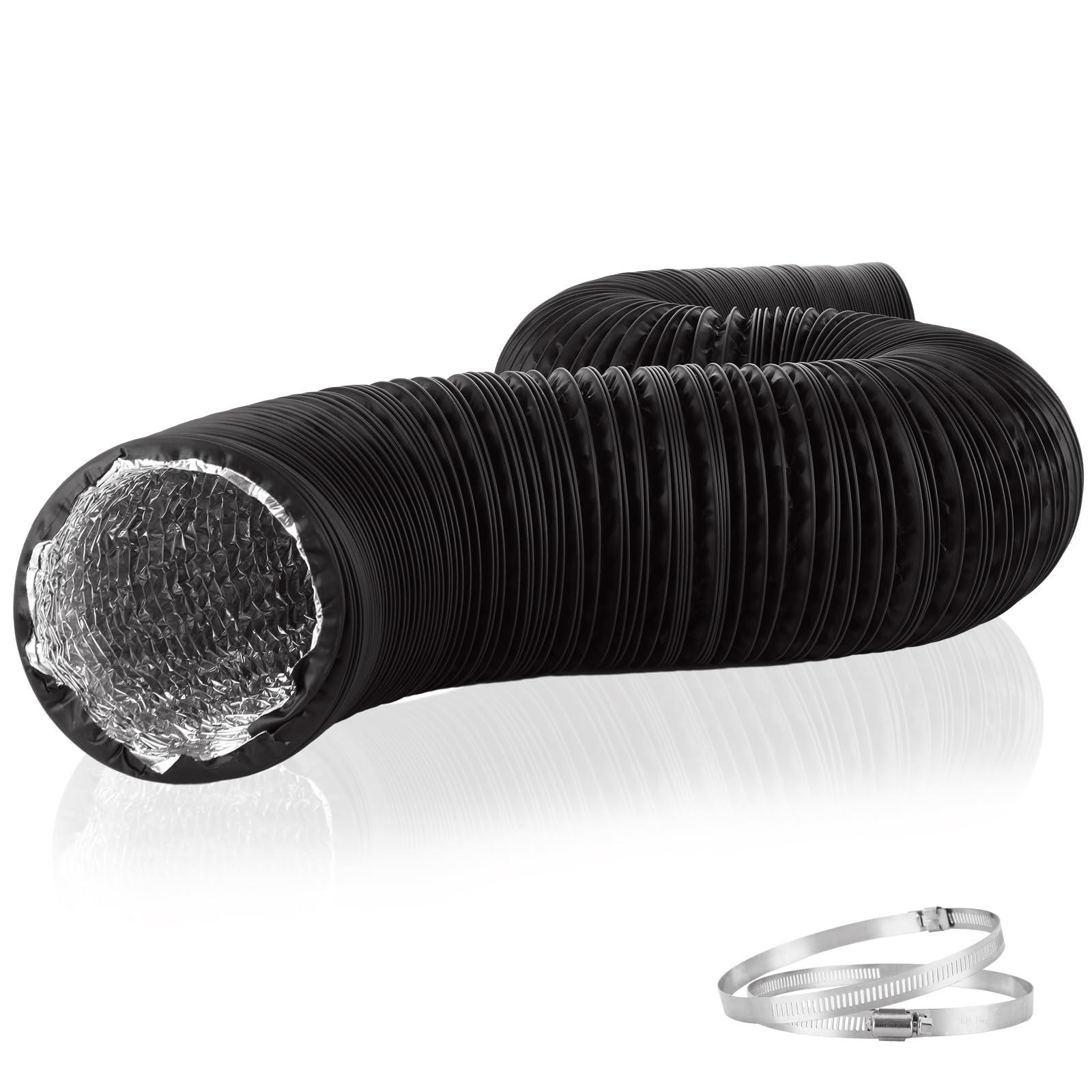 Tubo flessibile da 15,2 cm, 5 m, in alluminio nero, con 2 morsetti a vite per riscaldamento, ventilazione, aria condizionata (HVAC), soffiatore per barca, tende di scarico