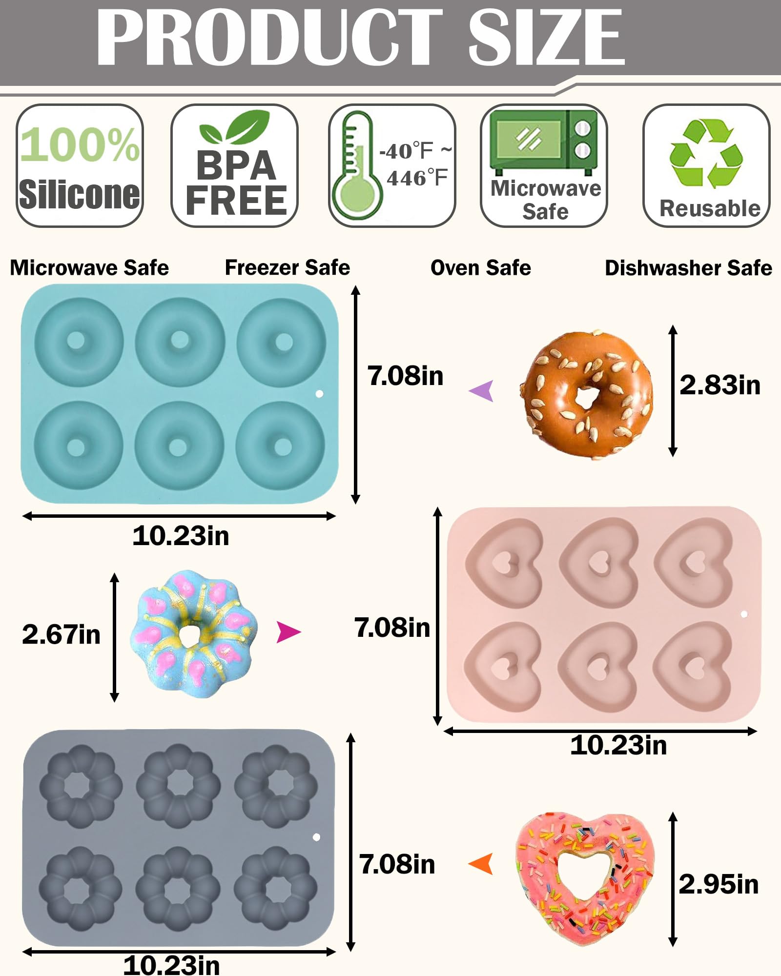 Paquete de 3 moldes de silicona para donas para hornear, molde antiadherente para donas, 6 Cavity Heritage Bundtlette Cake Molde de silicona para hornear (azul + gris + rosa) 2