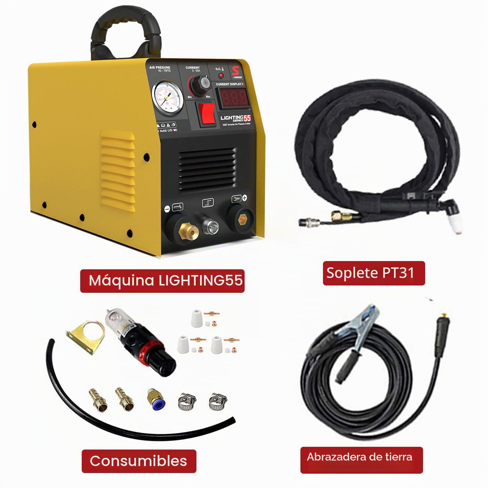 SUSEMSE Cortador de plasma de 55 amperios IGBT Inverter Plasma CUT55 Máquina de soldadura de plasma (DC, 230 V, corriente de corte 20-55 A, potencia de corte máx. hasta 14 mm)