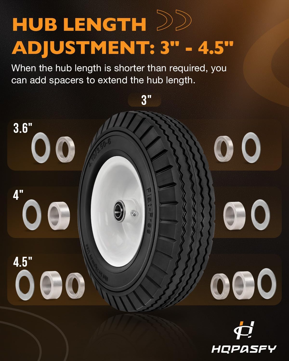 HQPASFY 2 Pack 4.10/3.50-6 Flat Free Tire, 12.5 Inch Universal Solid Tire Wheel 3/4" & 5/8" Bearings, 3"-3.5"-4"-4.5"-Center Hub for Lawn Garden Cart, Hand Truck, Wheelbarrow, Utility Cart