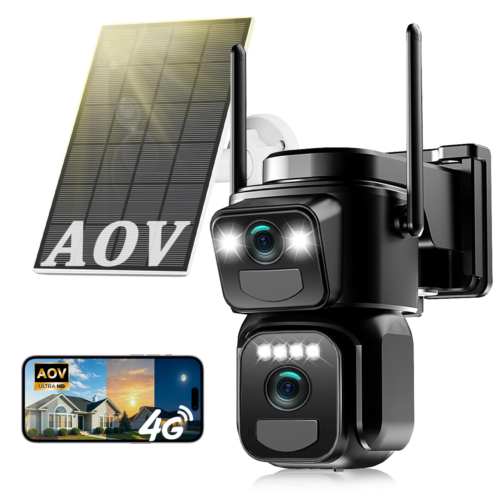 4K Telecamera da Esterno Senza Fili con SIM 4G LTE,con Pannello Solare | Doppio Obiettivo,AOV 24/7,Audio Bidirezionale,Videocamera Sorveglianza,Visione Notturna a Colori,Rilevamento Umano PIR,IP66