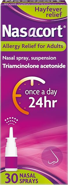 Nasacort Allergy Triamcinolone Nasal Spray  12-15 days supply - 24hr 8 in 1 Hayfever Relief from Sneezing, Itchy, Runny Nose, Sinus Discomfort & Blocked Nose, Red, Itchy & Watery eyes - No bad taste