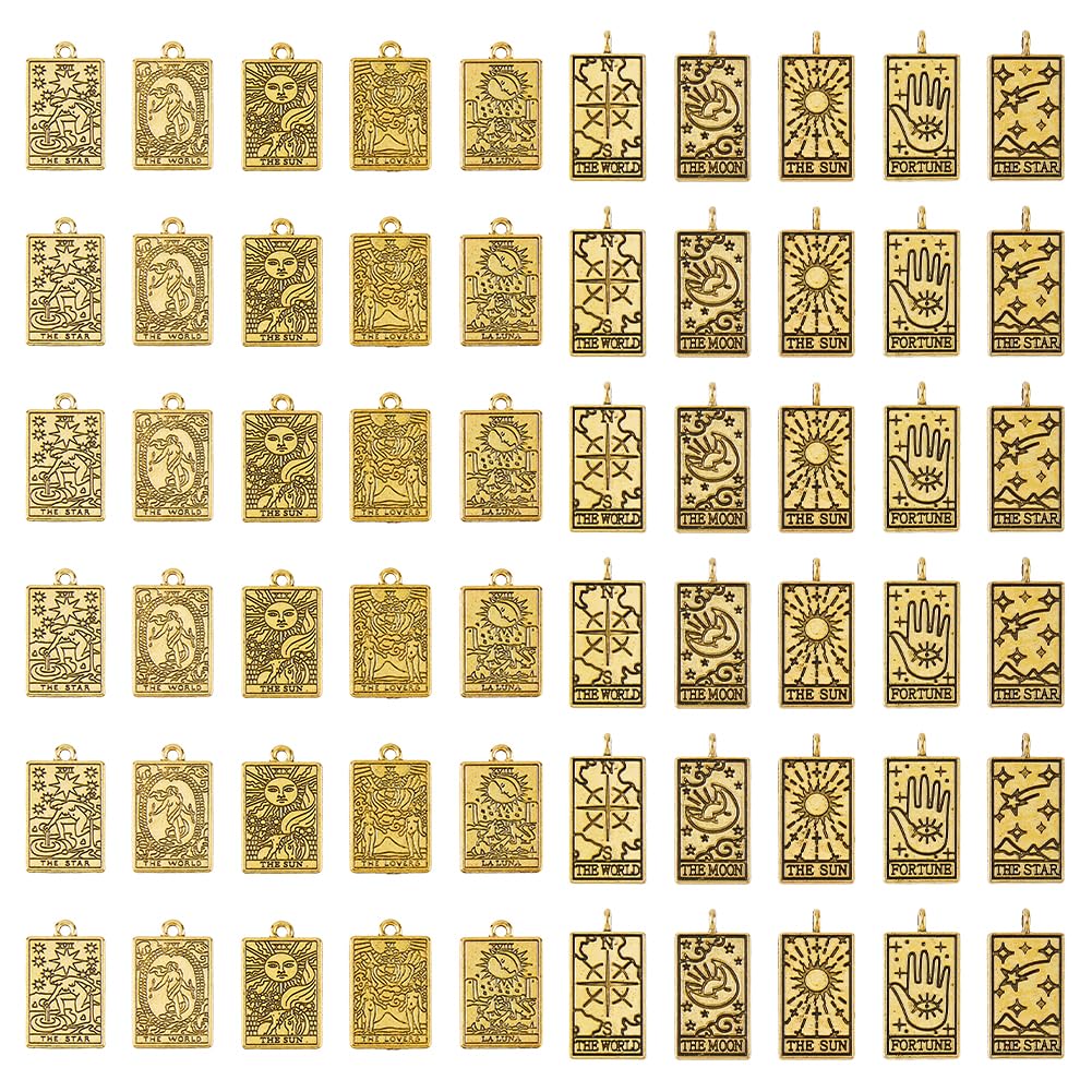 DICOSMETIC 60Pcs 10 Styles Tarot Pendants Golden Alloy Pendants Rectangle Card Jewelry Charms Major Arcana Astrology Divination Charms for DIY Jewelry Making, Hole: 1.8mm