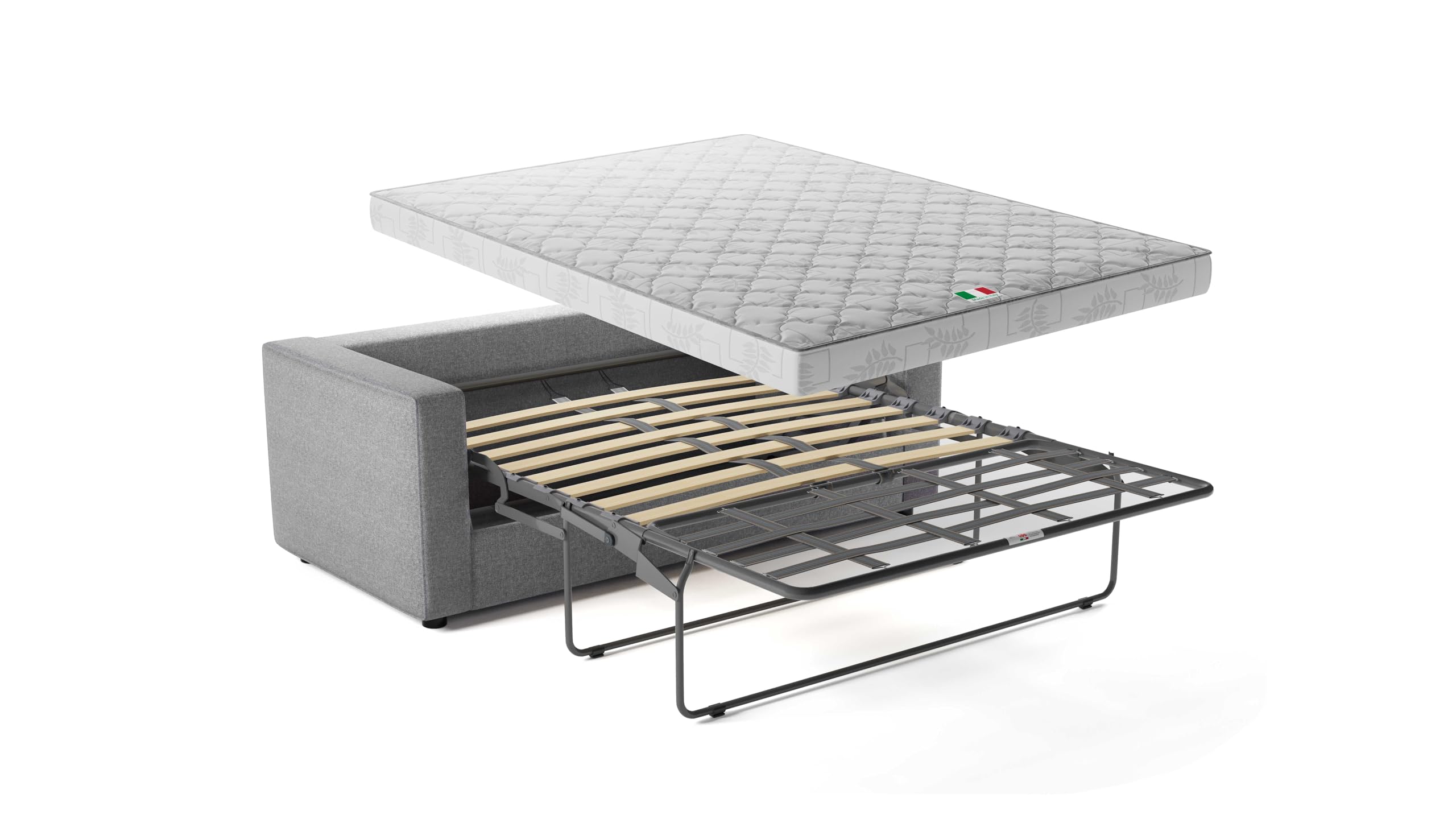 Divano Letto Denver 3 Posti Struttura in Metallo e Legno Imbottitura in Gomma di Poliuretano Rivestimento in Tessuto Rete a Doghe Materasso 140x190 cm H13 cm Colore:Silver