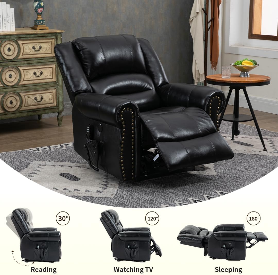Genuine Leather Power Lift Recliner Elderly Chair, Lay Flat Lift Chairs, Remote Control with Point- Like Distribution Massage/Heating/Adjusting Reclining Model (Black)
