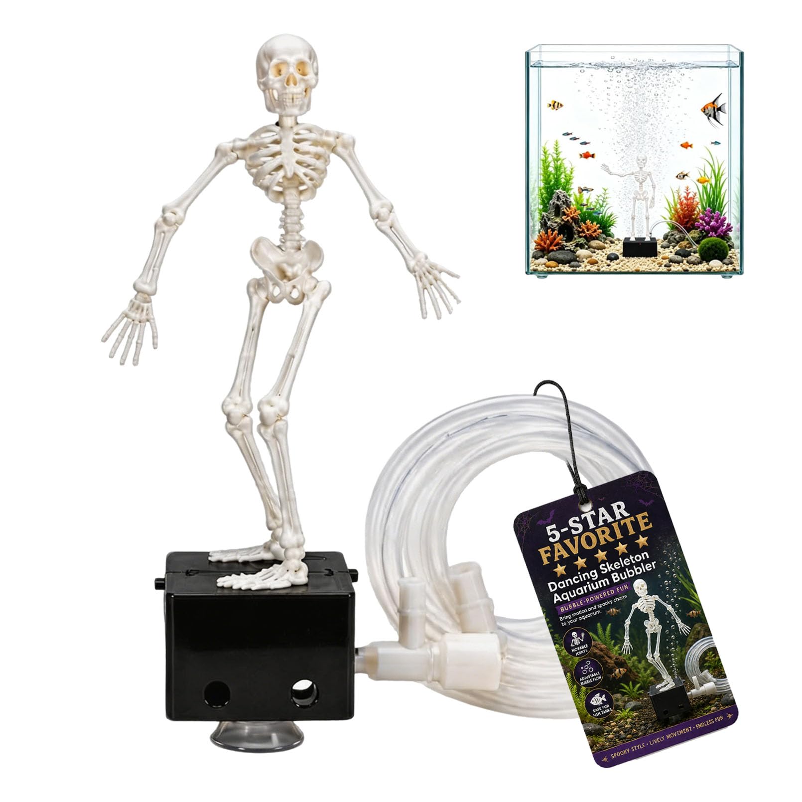 Dancing Skeleton Aquarium Bubbler Decorations, Halloween Fish Tank Decor with Air Hose, Interactive Dynamic Oxygenating, Safe Resin & Adjustable Bubbles, Funny Gift for All Fish Lovers (1pcs)