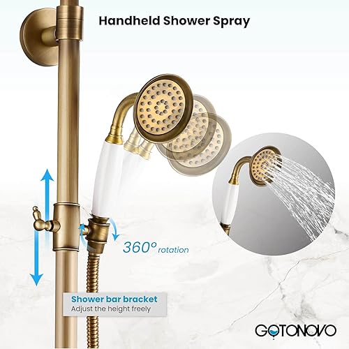 Miniatura 5 de gotonovo Grifo de ducha de baño expuesto de latón antiguo de montaje en pared con estante de ducha de 8 pulgadas, cabezal de ducha de lluvia de 8