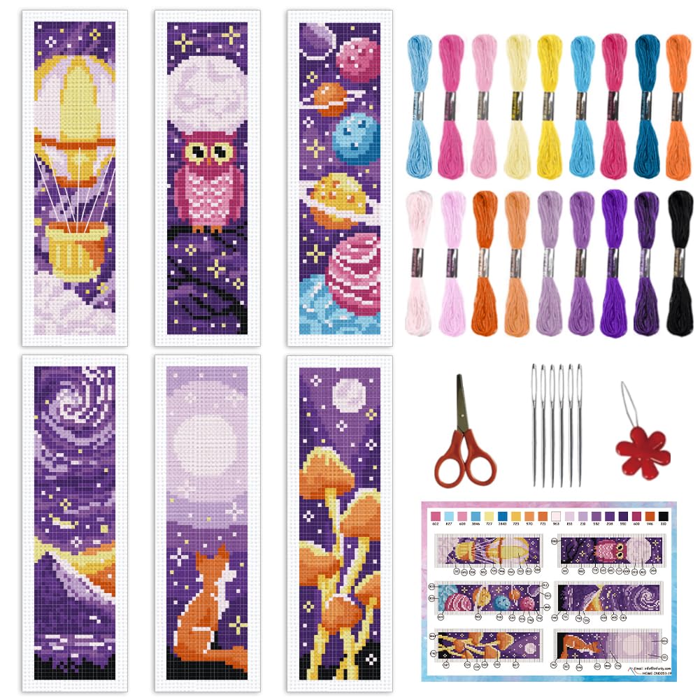 INFUNLY 6pcs Purple DIY Cross Stitch Bookmark Kits 2.4''x7.9'' Owls Stamped Embroidery Bookmark Kit with Instruction Hot Air Balloon Embroidery Set including Pre-Printed Pattern for Book Lovers