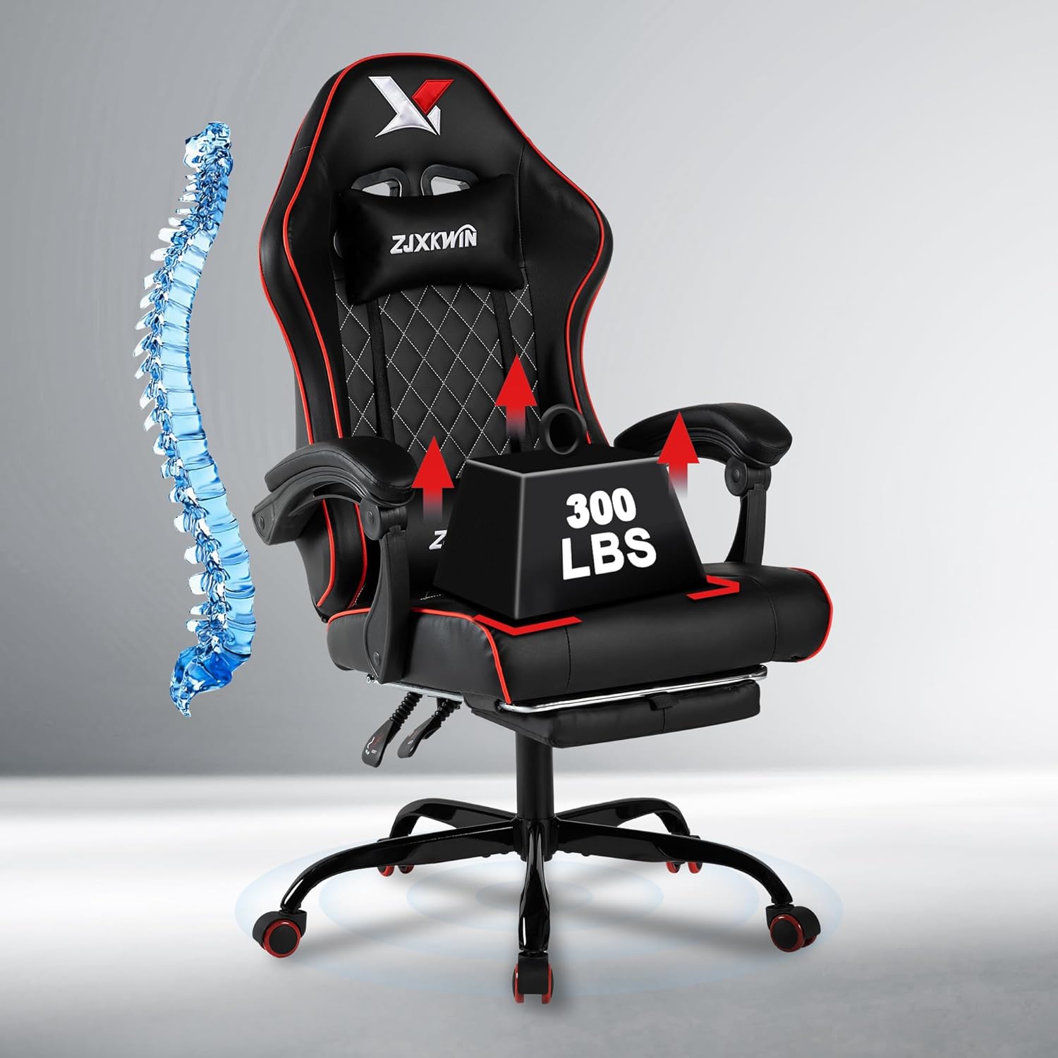 Gaming Chair with Pocket Spring Cushion, Ergonomic High Back Computer Chair with Footrest and Lumbar Support, Adjustable Height 360° Swivel Recliner, Red