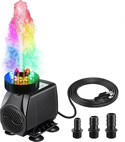Bomba sumergible de fuente de 30 W 2500 lh con luces, elevación de 8.86 pies, bomba de fuente ultra silenciosa con 3 boquillas para jardines al aire