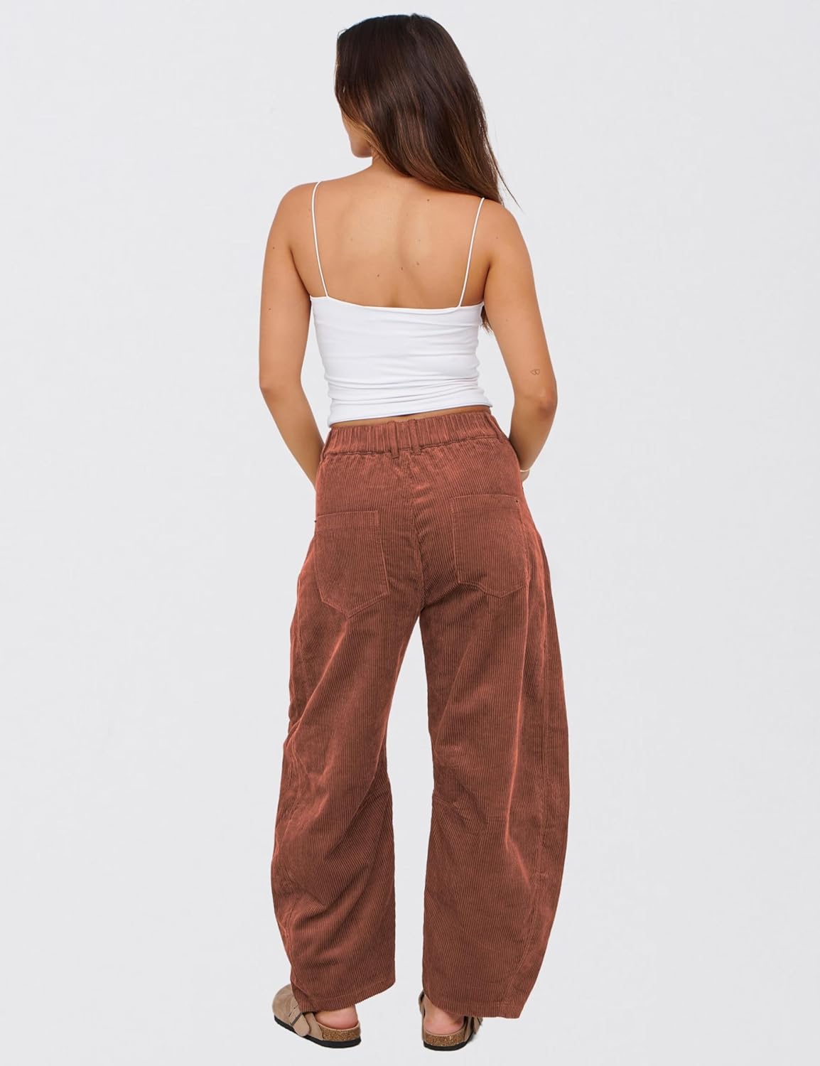 SeekMe Women's Corduroy Pants Barrel Mid-Rise Elastic Waist Cord Pants Casual Wide Leg Baggy Trouser with Pockets - Image 4