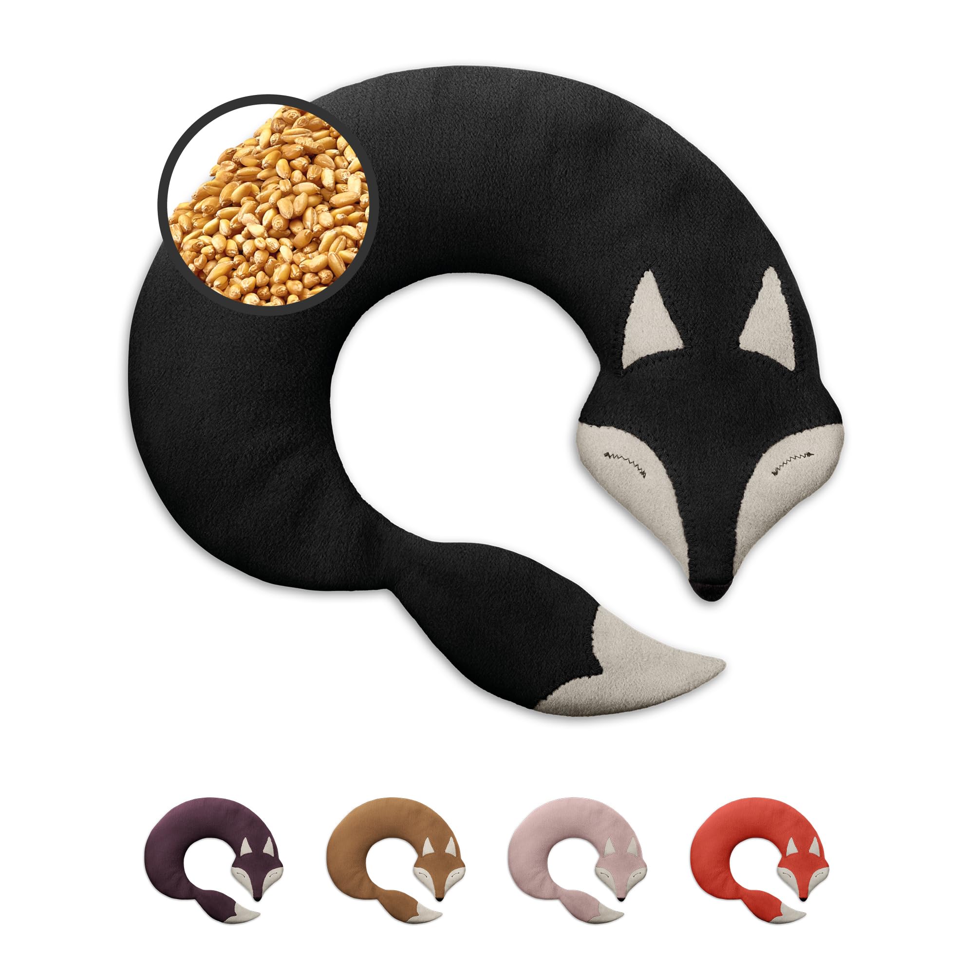 LESCHI Cuscino cervicale termico per microonde - 100% cotone e grano biologico - Cuscino riscaldante ideale per sciogliere tensioni a collo, spalle e schiena - Volpe, nero