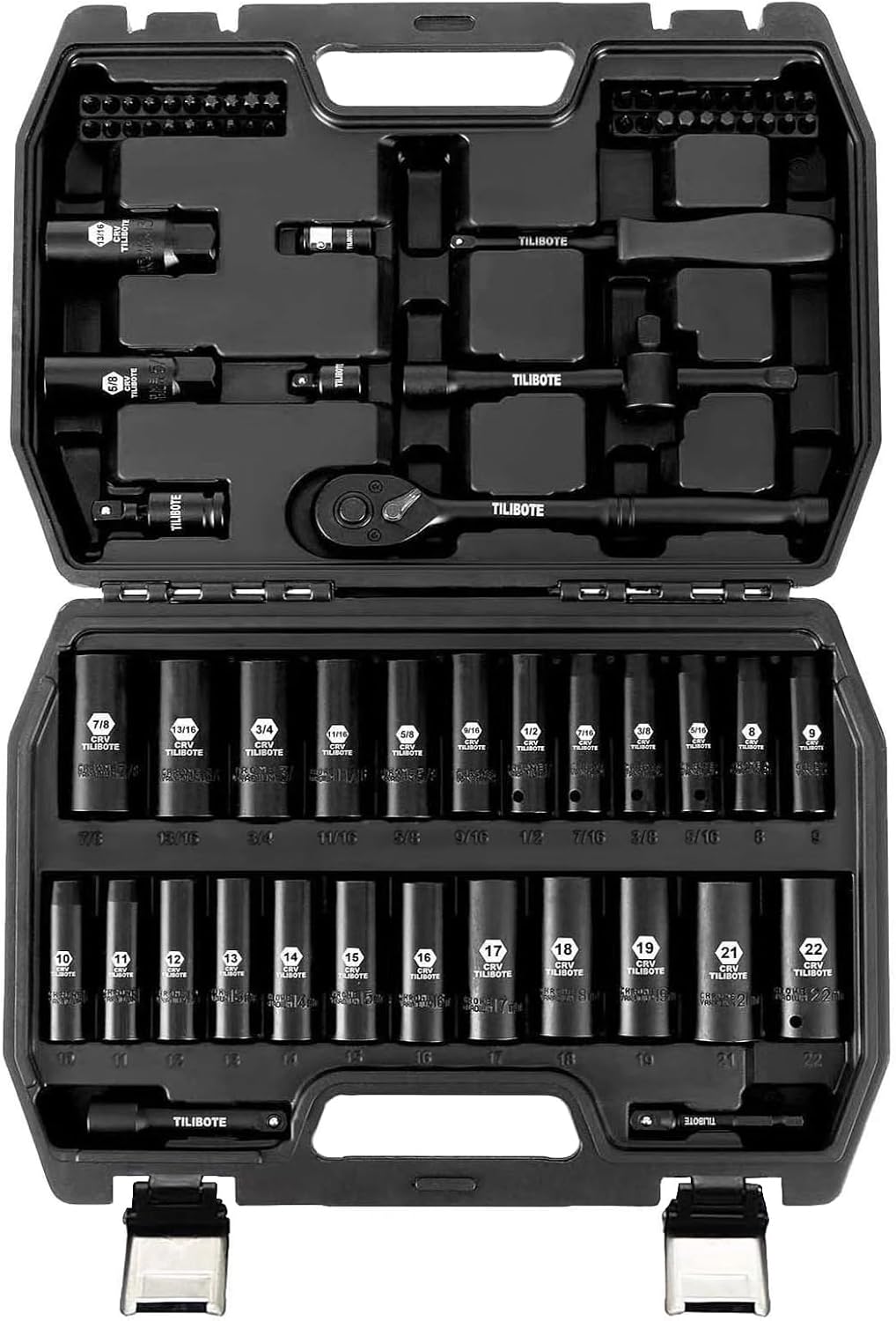 3/8“ Impact Socket Set, 74-Piece Drive 6-Point Deep Socket Wrench Set with 72-Tooth Ratchet, Standard SAE 5/16” - 7/8" & Metric 8mm - 22mm, Set for Home Use and Automotive Repair.