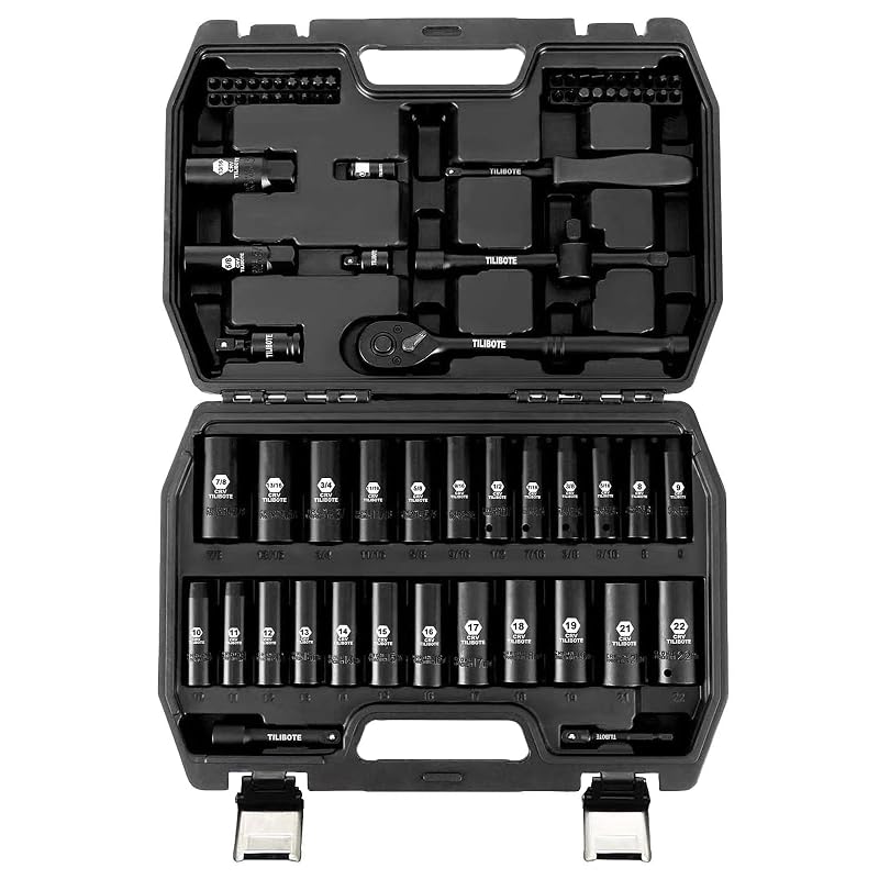 Kit de Soquetes de Impacto TILIBOTE com Acionamento de 9,5 mm (3/8 pol.), Soquetes Profundos de 6 Pontos, Catraca de 72 Dentes, SAE 7,9–22,2 mm (5/16–7/8 pol.) e Métrico de 8–22 mm, 74 Peças