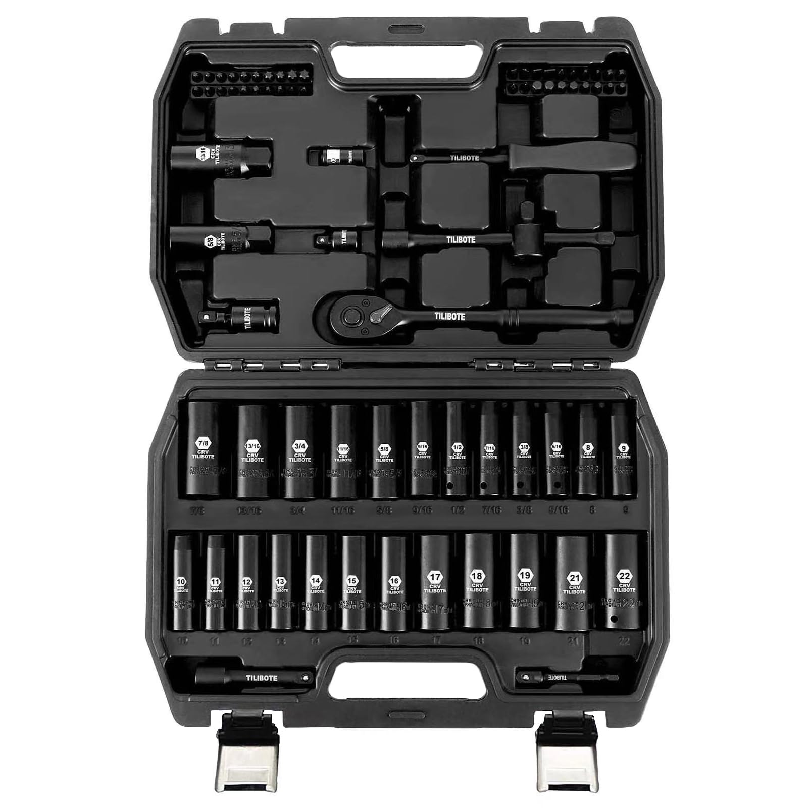 TILIBOTE 3/8“ Impact Socket Set, 74-Piece Drive 6-Point Deep Socket Wrench Set with 72-Tooth Ratchet, Standard SAE 5/16” - 7/8" & Metric 8mm - 22mm,