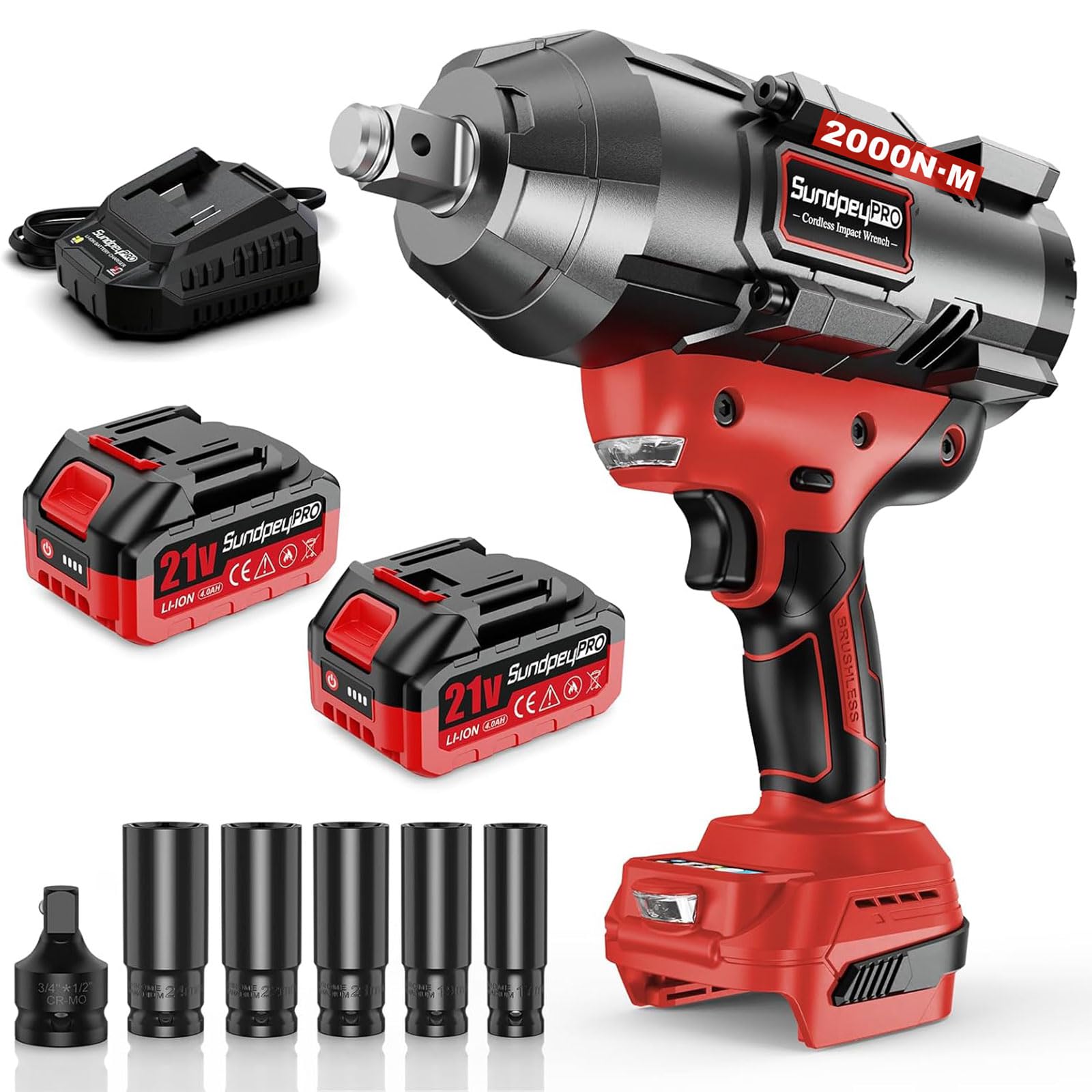 Chiave a Impatto a Batteria 21V, Kit Chiave Avvitatore ad Alta 3/4" Coppia con 2 Batterie 4.0Ah, Caricabatterie Rapido, Adattatore 3/4" a 1/2", 5 Bussole a Impatto (17/19/21/22/24mm)