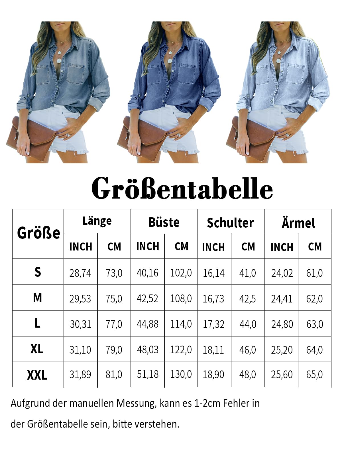 Camicia da donna in jeans a maniche lunghe, morbida, in denim, casual, per primavera, autunno, con tasche sul petto