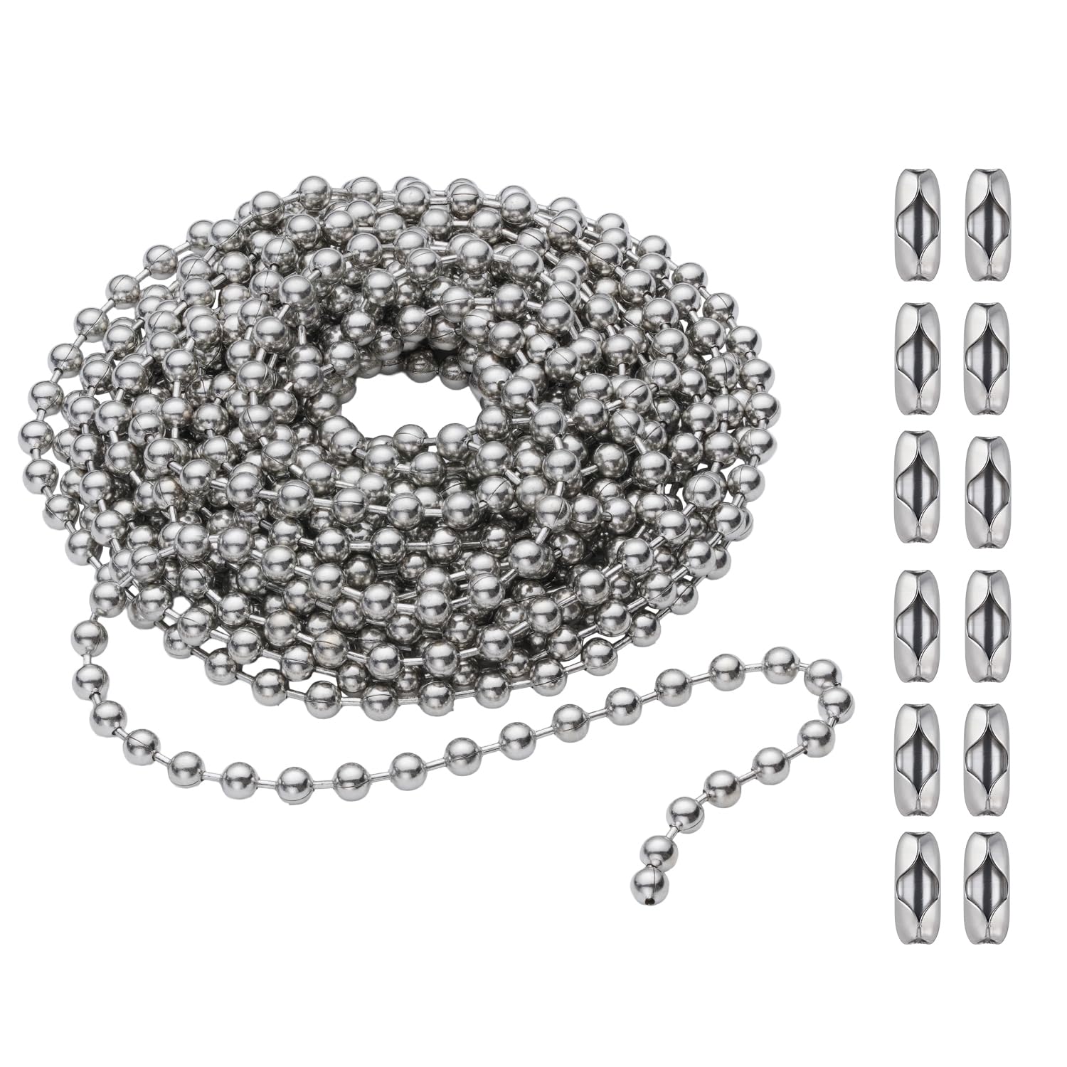 SmoTecQ 10 Feet (120 Inch) Ceiling Fan Pull Chain Extension - Nickel Plated Silver - 3mm Beaded Ball Chain with 12 Connectors - Rust Proof Solid Brass for Light Fixtures & DIY Crafts