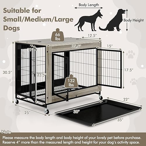 Miniatura 7 de Giantex Mueble de jaula para perros con ruedas, perrera de 38 pulgadas para interiores con 3 puertas, tapa superior abatible, bandeja extraíble