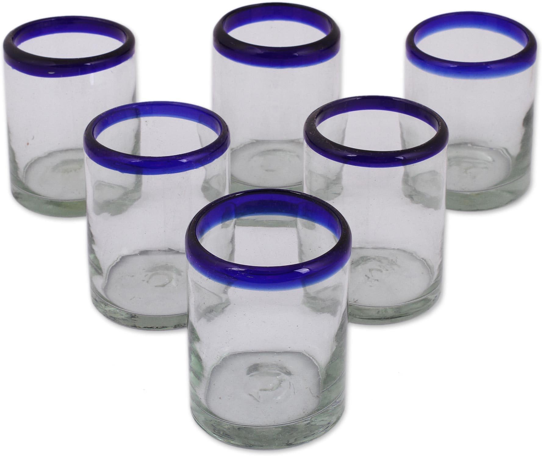 Hand Blown Clear Blue Recycled Glass Tumbler Glasses,10 Oz 'Cobalt Rings' (Set Of 6)