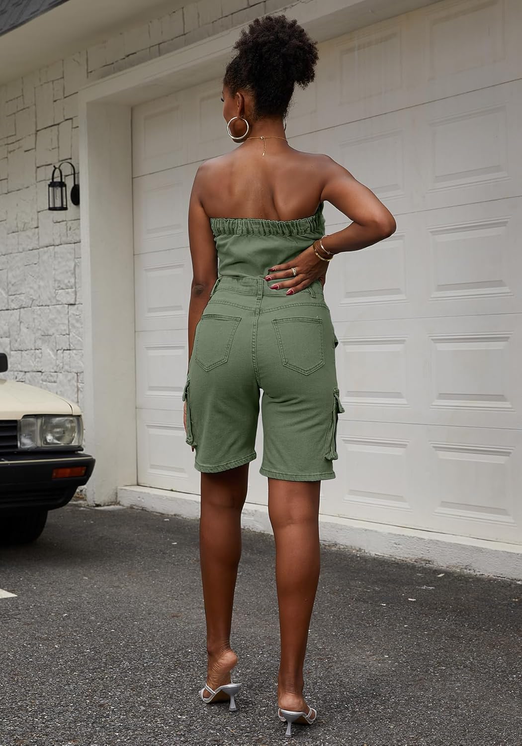 LKOUS Women's Sexy Denim Short Jumpsuit,Summer Cargo Casual Sleeveless Slim Fit Off Shoulder Rompers with Pockets - Image 3