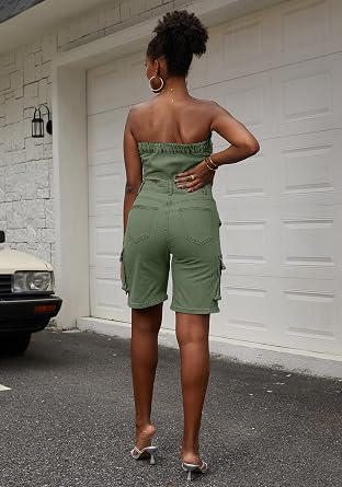 LKOUS Women's Off Shoulder Sleeveless Cargo Slim Fit Denim Short Jumpsuit
