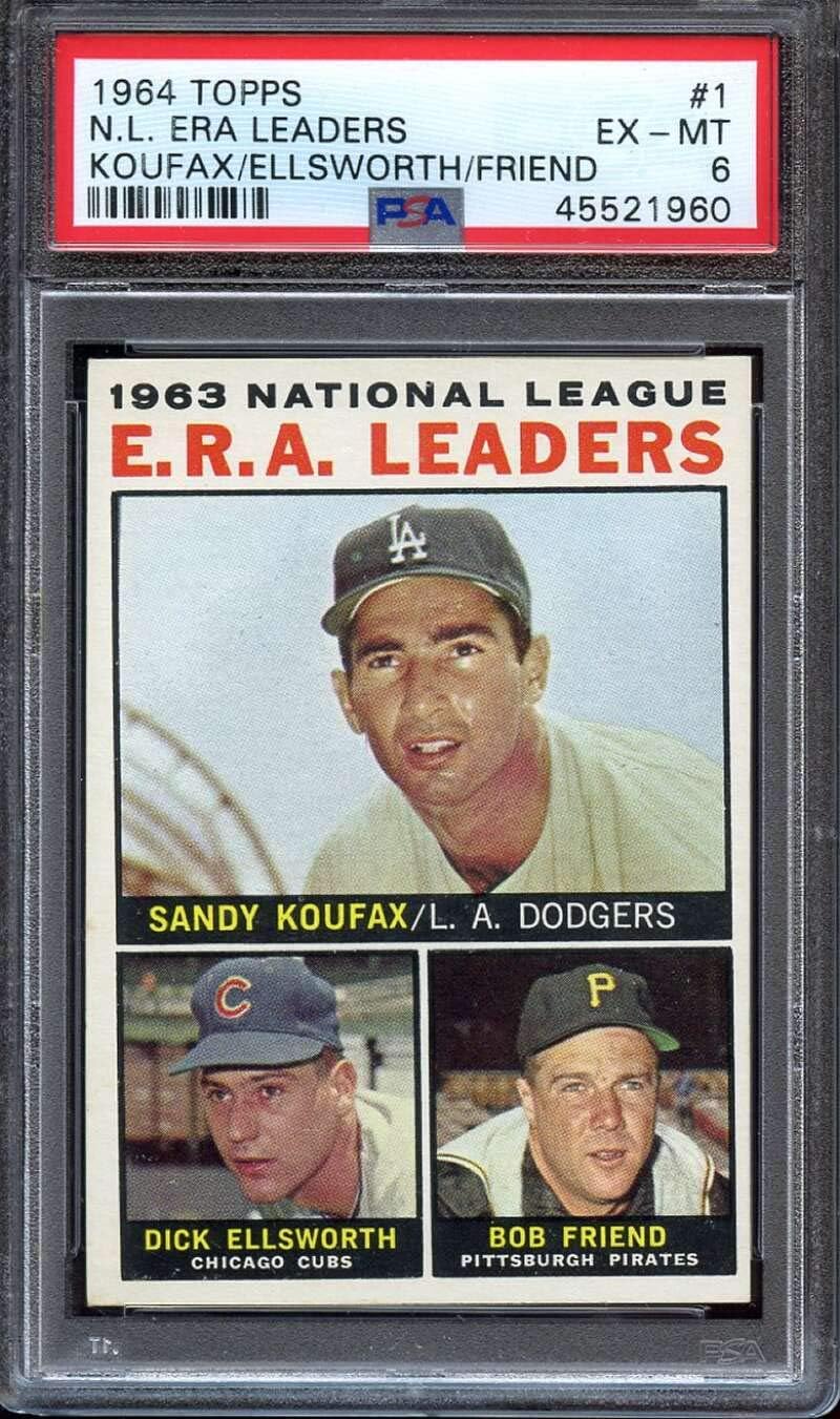 1964 TOPPS #1 SANDY KOUFAX/DICK ELLSWORTH/BOB FRIEND NL E.R.A. LEADERS PSA 6
