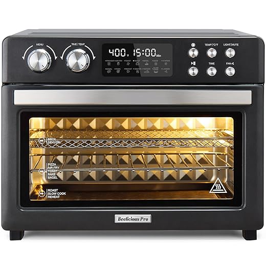 28QT Air Fryer Toaster Oven Combo, Large 12-in-1 Convection Countertop Oven with Next-Gen HeatWave Convection, 3-Layer Cooking, Rotisserie for Chicken, Fits 11" Pizza, Full Accessories, Sparkle Black