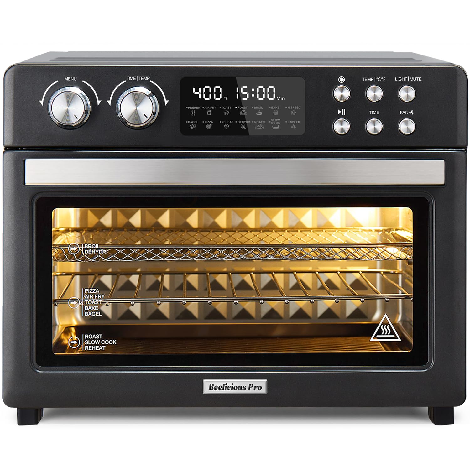 Horno tostador y freidora de aire de 28 cuartos, grande, 12 en 1, con convección de encimera con tecnología HeatWave de última generación, asador giratorio de 3 capas para pollo, capacidad para 11 pizzas, accesorios completos, color negro brillante
