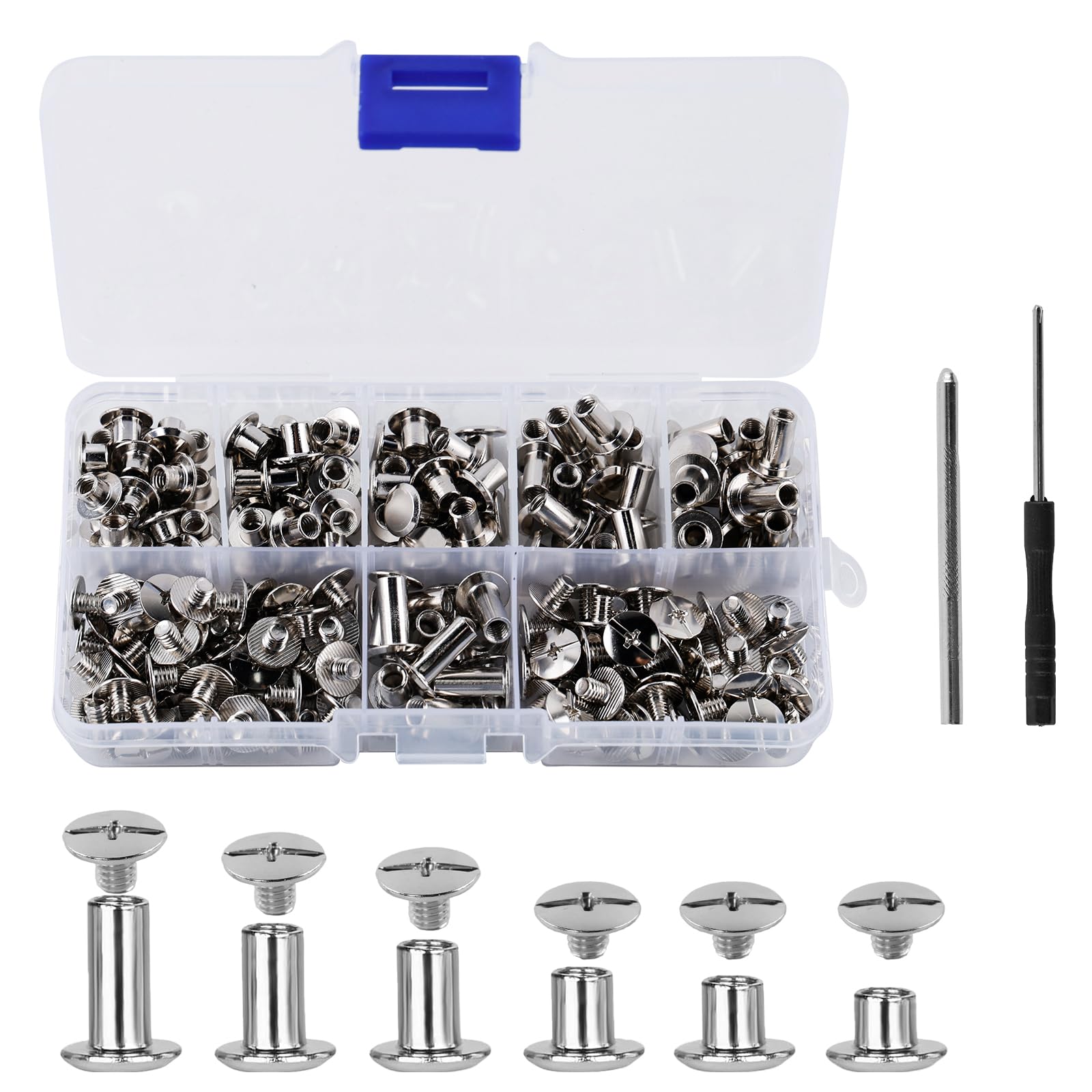 Viti per libri in acciaio inox, 8 mm, 20 pezzi, colore: argento, rivetti a vite per fai da te, dado a manicotto + viti, rivetti da 5 mm, rivetti da avvitare, fornitore