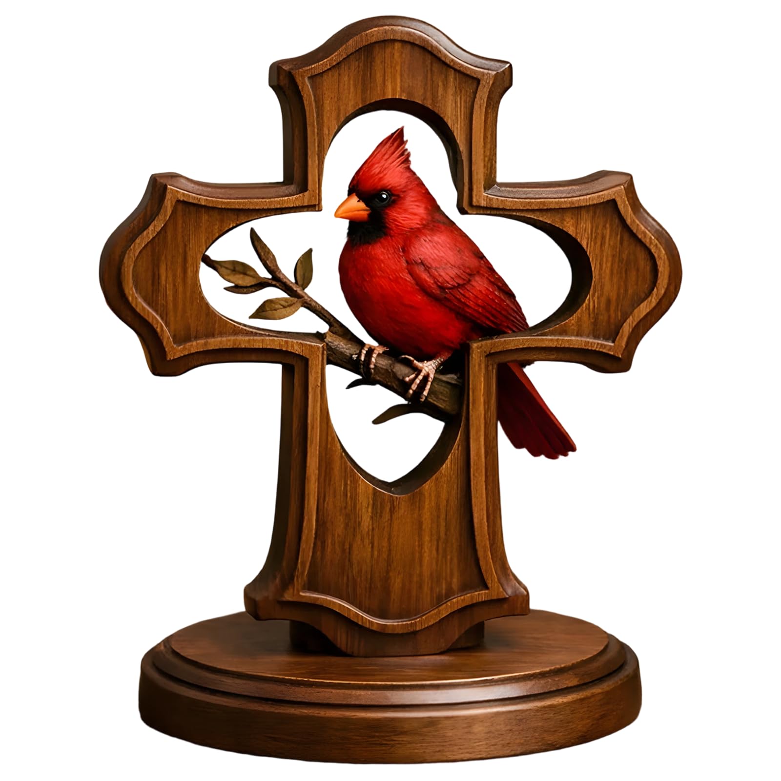 Cruz de madera con pájaro rojo Tressify, decoración religiosa vintage tallada de base estable