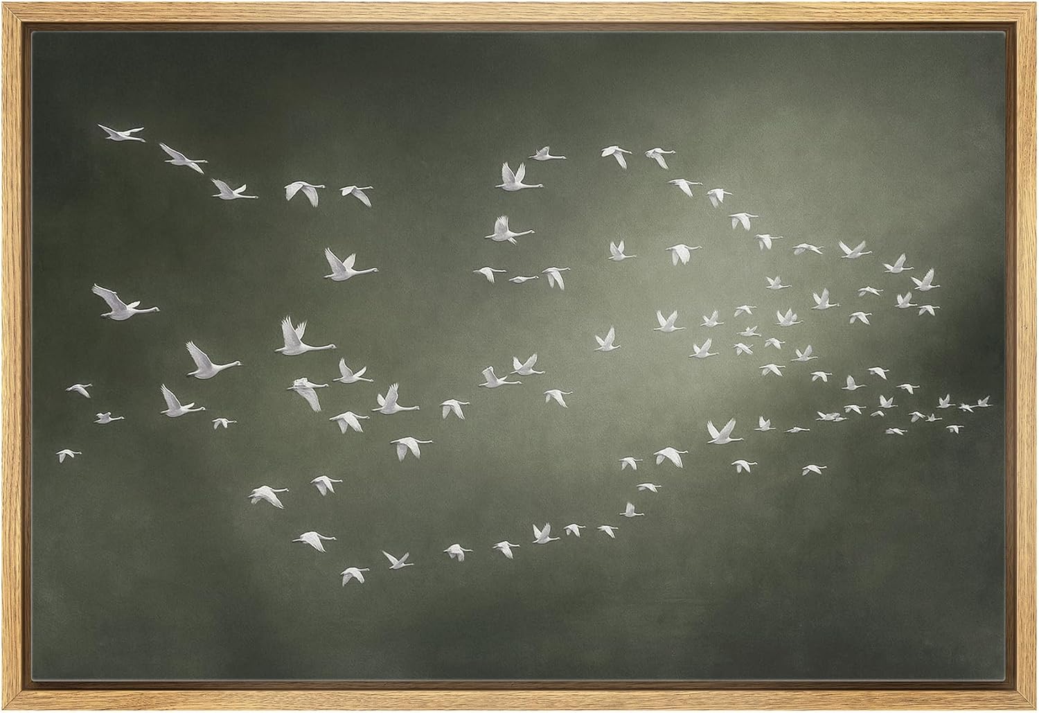 wall26 Framed Canvas Print Wall Art Flying White Cranes Over Olive Background Illustrations Modern Art Decorative Zen Rustic Calm for Living Room, Bedroom, Office - 24"x36" Natural