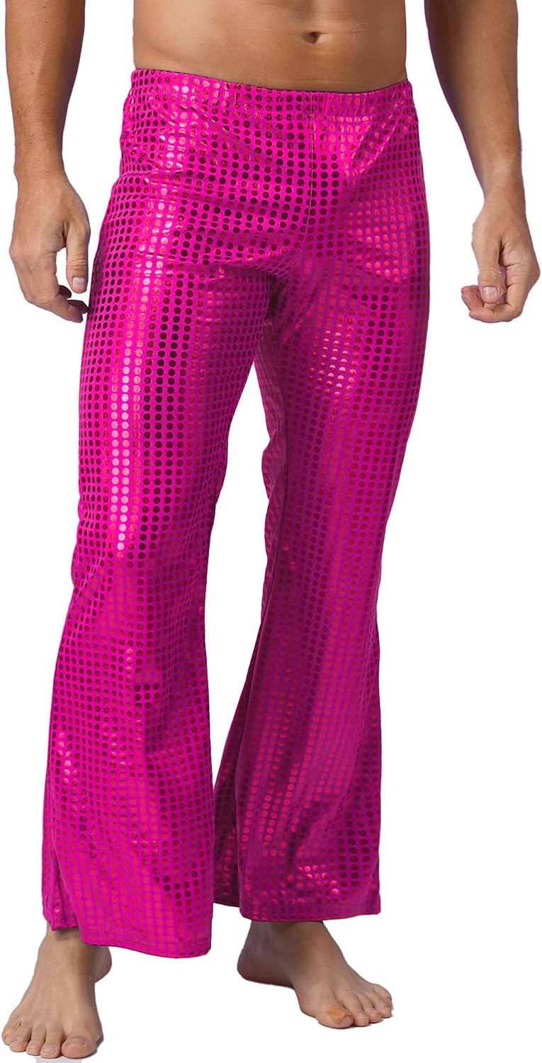 CHICTRY Mens Stage Costumes Elastic Waistband Flared Pants Shiny Sequins Long Bell Bottoms Pants