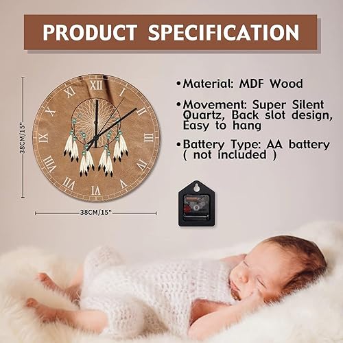 Miniatura 7 de ArogGeld Reloj de pared con diseño de atrapasueños nativo americano, talismán indio bohemio, de 15 pulgadas, funciona con pilas, reloj colgante de