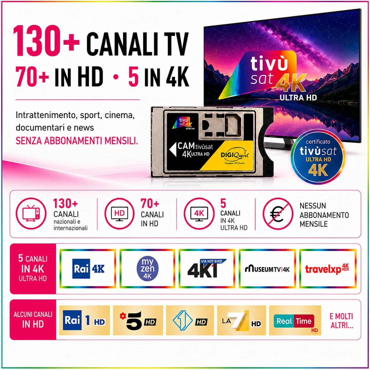 DIGIQUEST CAM tivùsat 4K Ultra HD certificata |Accesso ai canali HD e 4K | Facile installazione | Ideale per amanti di cinema e sport