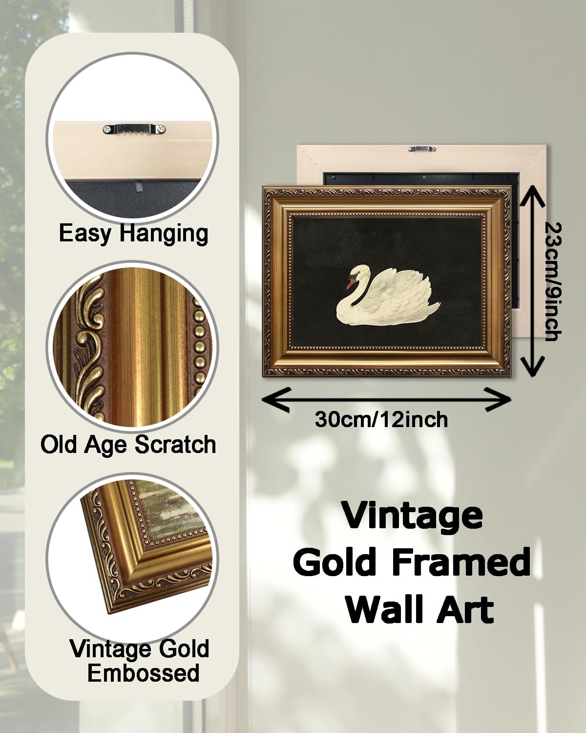 KBKBART Vintage Framed Wall Art for Living Room, White Swan Vintage Painting Canvas Wall Art Prints for Bathroom Wall Decor, Classical Gold Framed Animal Vintage Wall Decor Aesthetic for Bedroom, 9’’x12’’