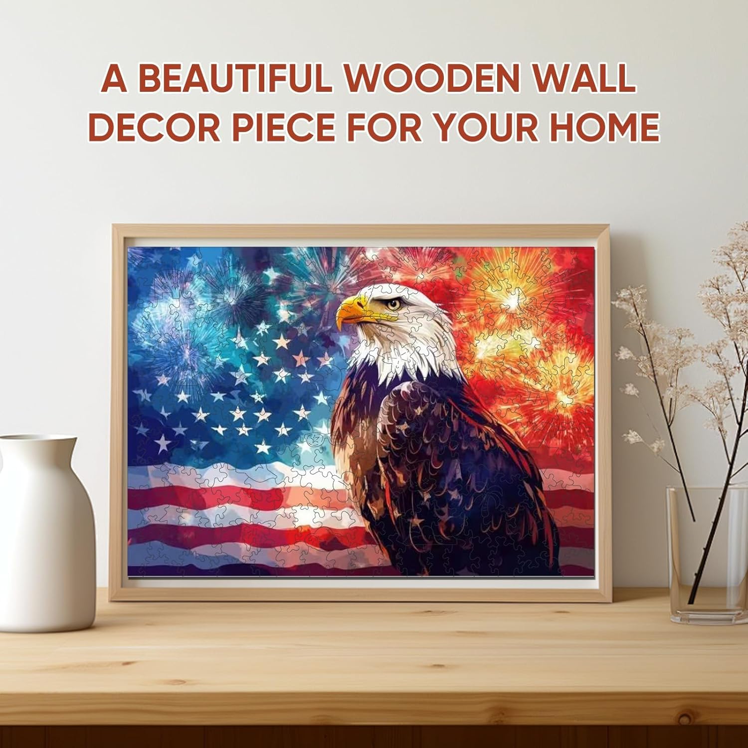 Reouinty Wooden Puzzles for Adults, Firework Eagle Jigsaw Puzzle, Wood Puzzles 200 Pieces, Beautiful Wall Decor with Box, Unique Animal Shape Puzzle Piece, Birthday Gifts for Family Game 12.2x8.6 in