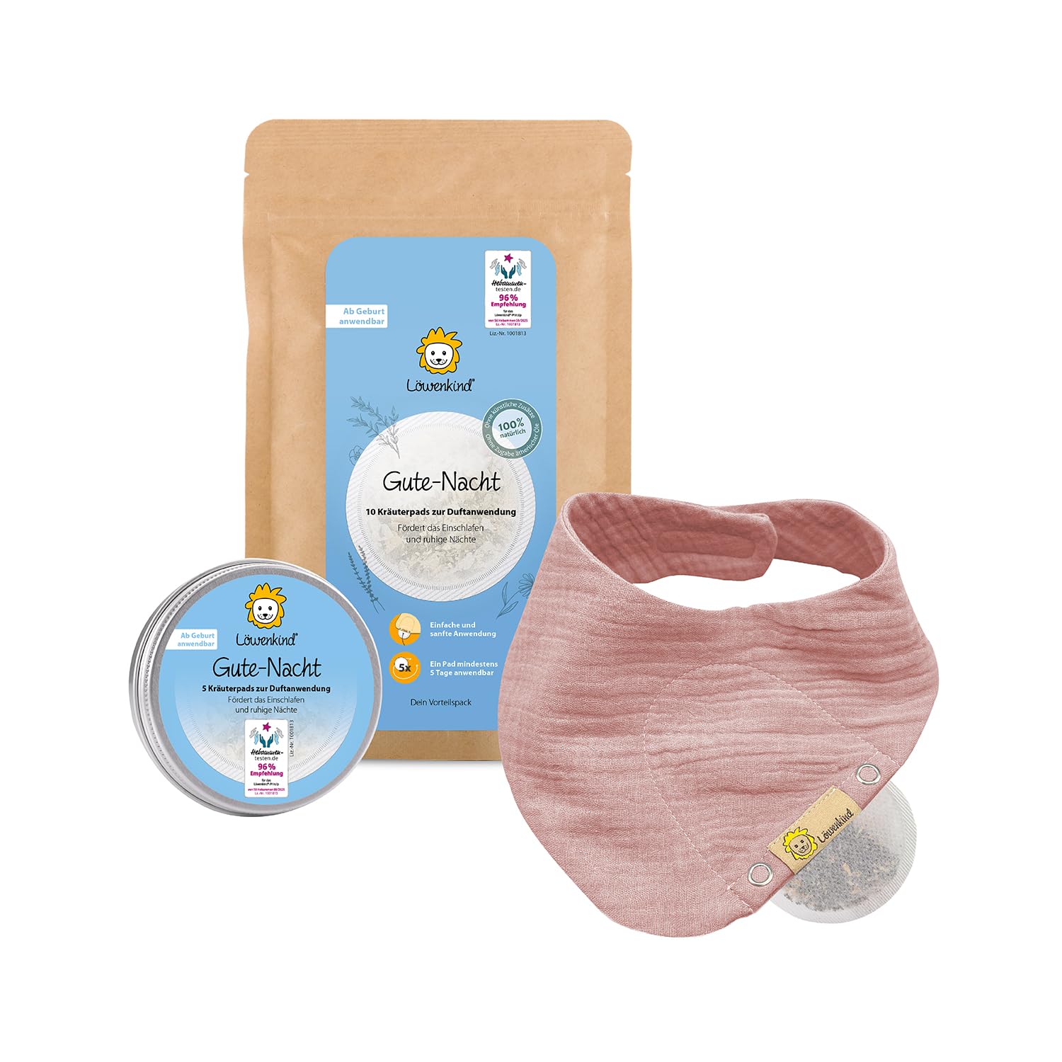 LÖWENKIND Gute-Nacht-Set für Einschlafprobleme bei Babys und Kindern Natürliche Kräuterpads ohne Zusatz ätherischer Öle Ab Geburt anwendbar Von Schlafcoaches empfohlen 75 Tage Anwendung (Altrosa)