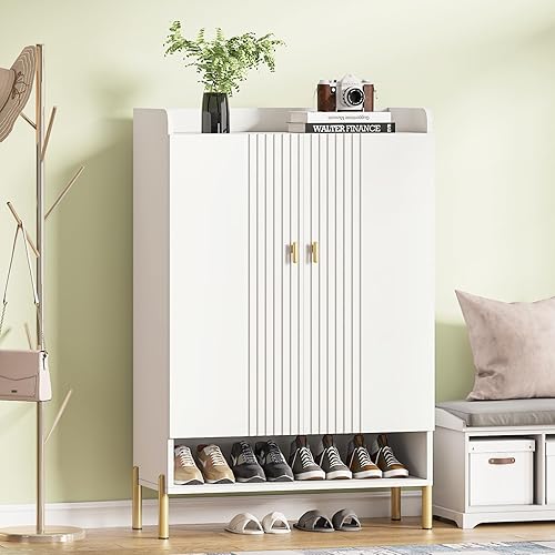 Miniatura 4 de Tribesigns Gabinete de zapatos blanco Entrada Gabinete organizador de zapatos de 6 niveles con estantes ajustables, estante de almacenamiento de