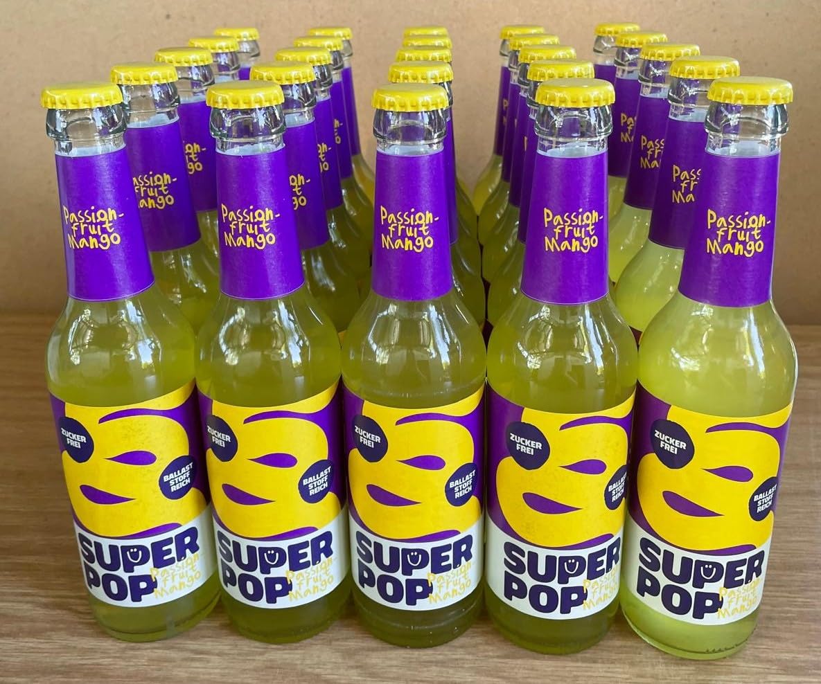 Super Pop Passionfruit-Mango Limonade, Kohlensäurehaltig, Glasflasche, 25 Flaschen à 0,33 Liter, Mehrweg