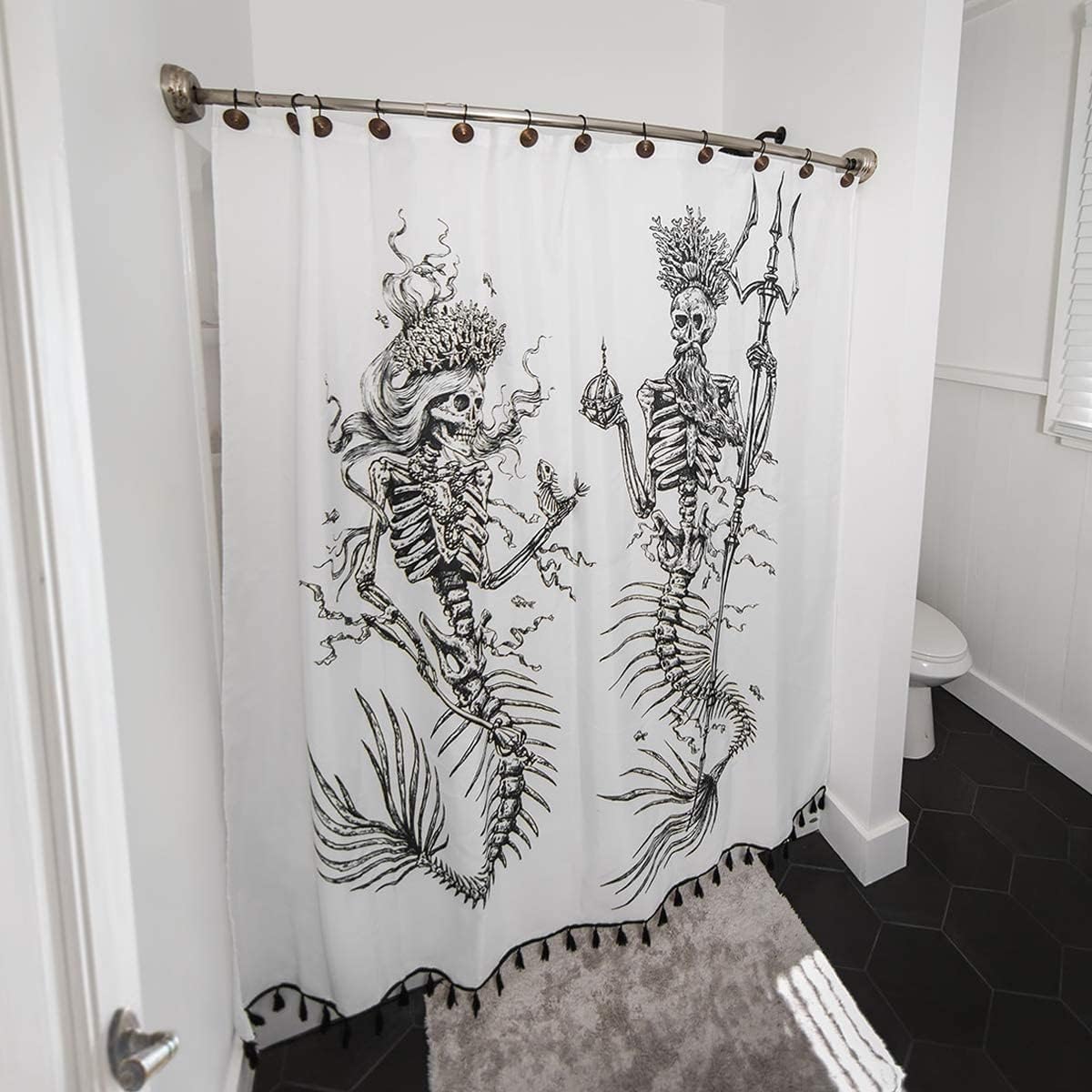 Flash Flood Mermaid Shower Curtain for Gothic Bathroom Decor- Gothic Shower Curtain for Mermaid Bathroom Decor - Water Resistant, Anti-Rust Metal Grommets, 12 Metal Hooks - Black & White Tasseled