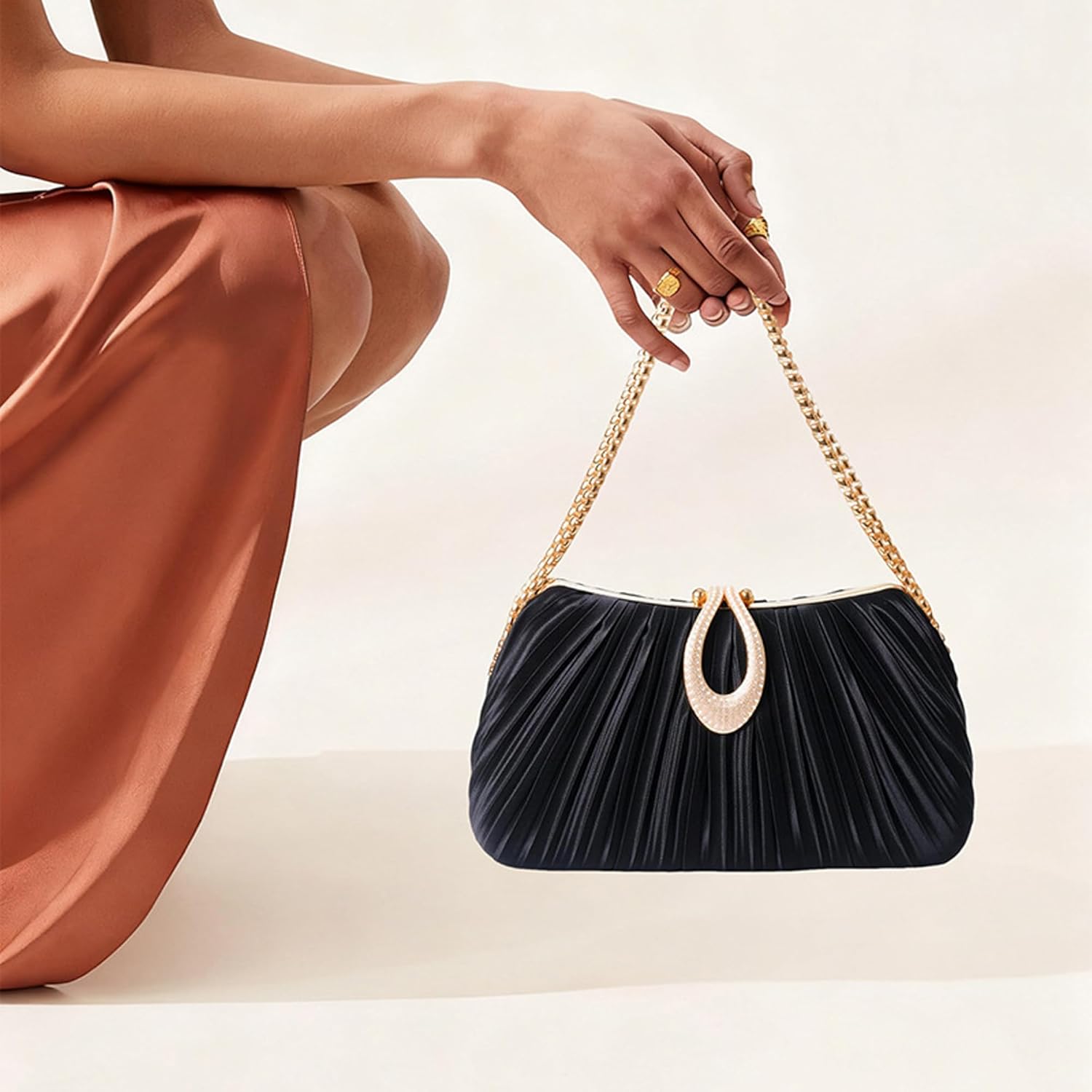 Fozehlad Elegant Clutch Purse for Women Formal, Pleated Satin Evening Clutch for Wedding Prom Nights, Cocktail& Parties